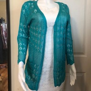Solid Green Knitted Sweater Cardigan Long Sleeve Open Casual Linen Size M